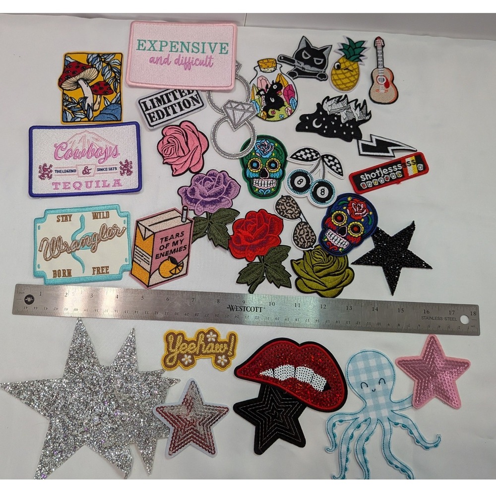 Patch Lot Unisex OS Multi New Iron On Sew On Western Retro Glitter 28pc